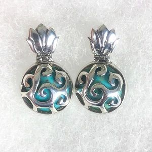 BARSE Sterling Silver Scroll Cage Cabochon Turquoise Drop Earrings RARE
